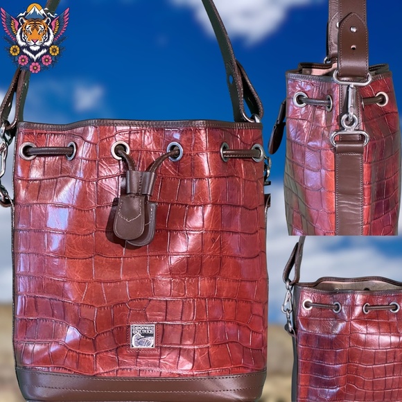 🌟Dooney & Bourke: Brown Croc-Embossed Drawstring Bucket Bag🌟 - Picture 3 of 13